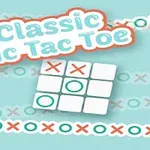 Název Classic Tic Tac Toe nad herním herním polem tic-tac-toe s vyznačenými symboly X a O na světle modrém pozadí