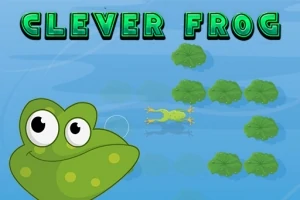 Žába plovoucí mezi lekníny na modré vodní hladině s velkou hlavou žáby a zeleným nápisem CLEVER FROG