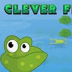 Žába plovoucí mezi lekníny na modré vodní hladině s velkou hlavou žáby a zeleným nápisem CLEVER FROG
