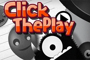 Barevná grafika s nápisem Click The Play na černobílém pozadí s komiksovými postavičkami