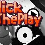 Barevná grafika s nápisem Click The Play na černobílém pozadí s komiksovými postavičkami