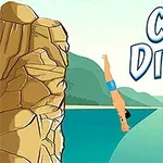Postava skáčící z útesu do vody s textem Cliff Diving na obloze