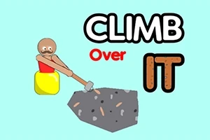 Muž v kotli s kladivem se snaží přelézt přes balvan, s textem CLIMB Over IT