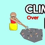 Muž v kotli s kladivem se snaží přelézt přes balvan, s textem CLIMB Over IT