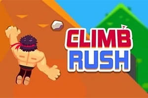 Postava s červenou čelenkou šplhá po stěně vedle nápisu CLIMB RUSH