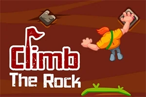 Muž s oranžovými vlasy a žlutým trikem leze po skále směrem k úchytu, vedle nápisu Climb The Rock