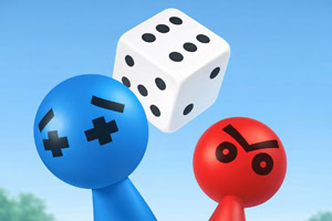 Dvě barevné postavičky s kulatými hlavami (modrá a červená) zvedají nad sebou bílou hrací kostku na modrém pozadí