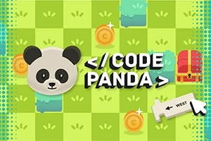 Kreslená panda, text , mince, pokladna a směrovka WEST na zelené šachovnici