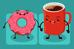 Růžový donut s barevnými posypkami a červený hrnek kávy s kreslenými obličeji, držící se za ruce na tyrkysovém pozadí