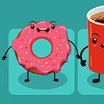 Růžový donut s barevnými posypkami a červený hrnek kávy s kreslenými obličeji, držící se za ruce na tyrkysovém pozadí