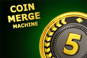 Zlatá mince s číslem 5 na tmavě zeleném pozadí a nápisem „COIN MERGE MACHINE