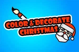 Nápis Color & Decorate Christmas s obrázkem malířského štětce a obličejem Santy Clause na modrém pozadí