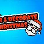 Nápis Color & Decorate Christmas s obrázkem malířského štětce a obličejem Santy Clause na modrém pozadí