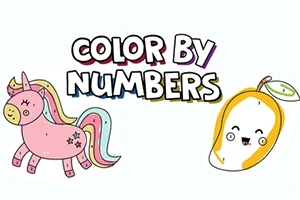 Barevný jednorožec s hvězdami a usmívající se ovoce vedle nápisu Color by Numbers