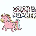 Barevný jednorožec s hvězdami a usmívající se ovoce vedle nápisu Color by Numbers