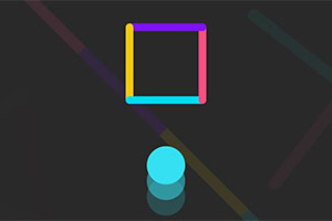 Barevný čtverec složený z fialové, žluté, růžové a modré části nad modrou koulí na tmavém pozadí