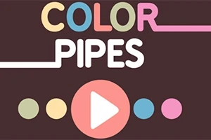 Barevný text s nápisem Color Pipes na tmavém pozadí s výrazným bílým tlačítkem přehrávání a barevnými kolečky