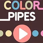Barevný text s nápisem Color Pipes na tmavém pozadí s výrazným bílým tlačítkem přehrávání a barevnými kolečky