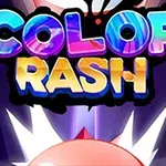Barevný nápis Color Rash na tmavém pozadí s grafickými efekty a animovaným obličejem