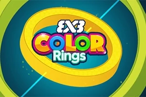 Barevný nápis COLOR Rings obklopený žlutým kruhem na modrém pozadí