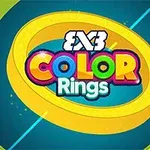 Barevný nápis COLOR Rings obklopený žlutým kruhem na modrém pozadí