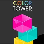 Název COLOR TOWER nad třemi barevnými průhlednými krychlemi v růžové, modré a žluté barvě na černém pozadí