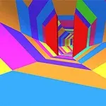 Barevný tunel s geometrickými vzory v pestrých odstínech modré, růžové, žluté a červené