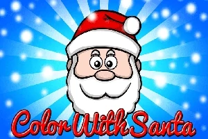 Santa Claus s červenou čepicí a bílým plnovousem na modrém pozadí s nápisem Color With Santa