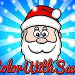 Santa Claus s červenou čepicí a bílým plnovousem na modrém pozadí s nápisem Color With Santa