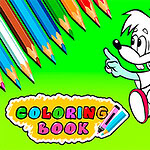 Dva kreslení postavičky, jedna bílá a druhá modrá, ukazují vlevo na barevné pastelky, proti zelenému pozadí s nápisem Coloring Book