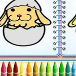 Dvě kreslené postavy štěňat vylupujících se z vajec s barevnými pastelkami pod nimi
