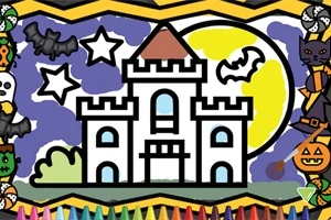 Barevný obrázek s hradem na pozadí plného měsíce s netopýry, hvězdami a halloweenskými motivy, orámovaný pastelkami
