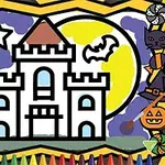 Barevný obrázek s hradem na pozadí plného měsíce s netopýry, hvězdami a halloweenskými motivy, orámovaný pastelkami
