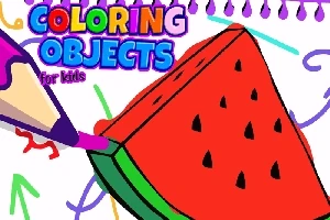 Barevný obrázek melounu s pastelkami a nápisem Coloring Objects for Kids