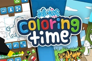 Barevný nápis Coloring Time s obrázky lva a tygra a kreslícími nástroji na modrém pozadí