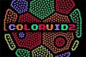 Barevný geometrický vzor s nápisem COLORUID 2 uprostřed na černém pozadí
