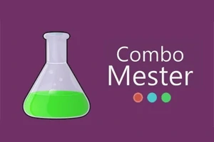Zelená tekutina v baňce vedle textu Combo Mester na fialovém pozadí