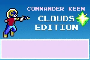 Postava s helmou a zbraní vlevo, text CLOUDS EDITION a hvězdice na modrém pozadí
