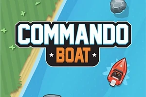 Nápis Commando Boat nad modrou vodou s červeným člunem a skalami, vlevo zelený břeh