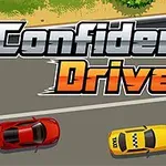 Název Confident Driver nad silnicí s červeným a žlutým autem