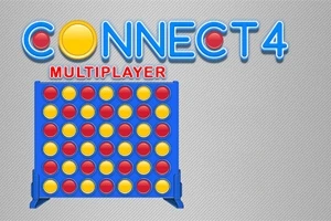 Modrá herní mřížka s červenými a žlutými disky, s velkým nápisem CONNECT 4 nad ní
