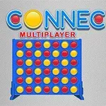 Modrá herní mřížka s červenými a žlutými disky, s velkým nápisem CONNECT 4 nad ní