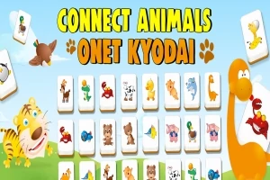 Barevné kreslené zvířecí dlaždice s nápisem CONNECT ANIMALS ONET KYODAI na modrém pozadí s tygrem a dinosaurem