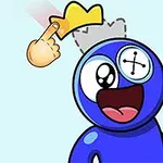 Modrý animovaný postavička s knoflíkovým okem a otevřenými ústy, na hlavu jí směřuje ruka s korunkou