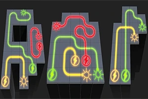 Connect It Barevné svítící dráhy ve tvaru bludiště na tmavém pozadí s elektrickými symboly a ikonami slunce