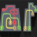 Connect It Barevné svítící dráhy ve tvaru bludiště na tmavém pozadí s elektrickými symboly a ikonami slunce