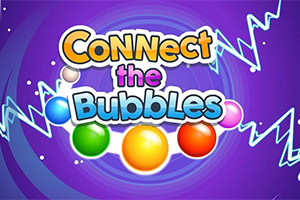 Barevný nápis „Connect the Bubbles s lesklými kuličkami na fialovém spirálovém pozadí