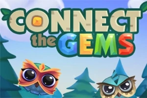 Barevný nápis Connect the Gems na pozadí s modrou oblohou a stromy, s ilustrací dvou sov ve spodní části