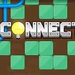 Název Connector se žárovkou místo písmene O, zelené dlaždice a modré trubky na hnědém pozadí