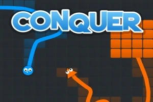 Modrá a oranžová čára s očima na tmavém pozadí s nápisem CONQUER nahoře